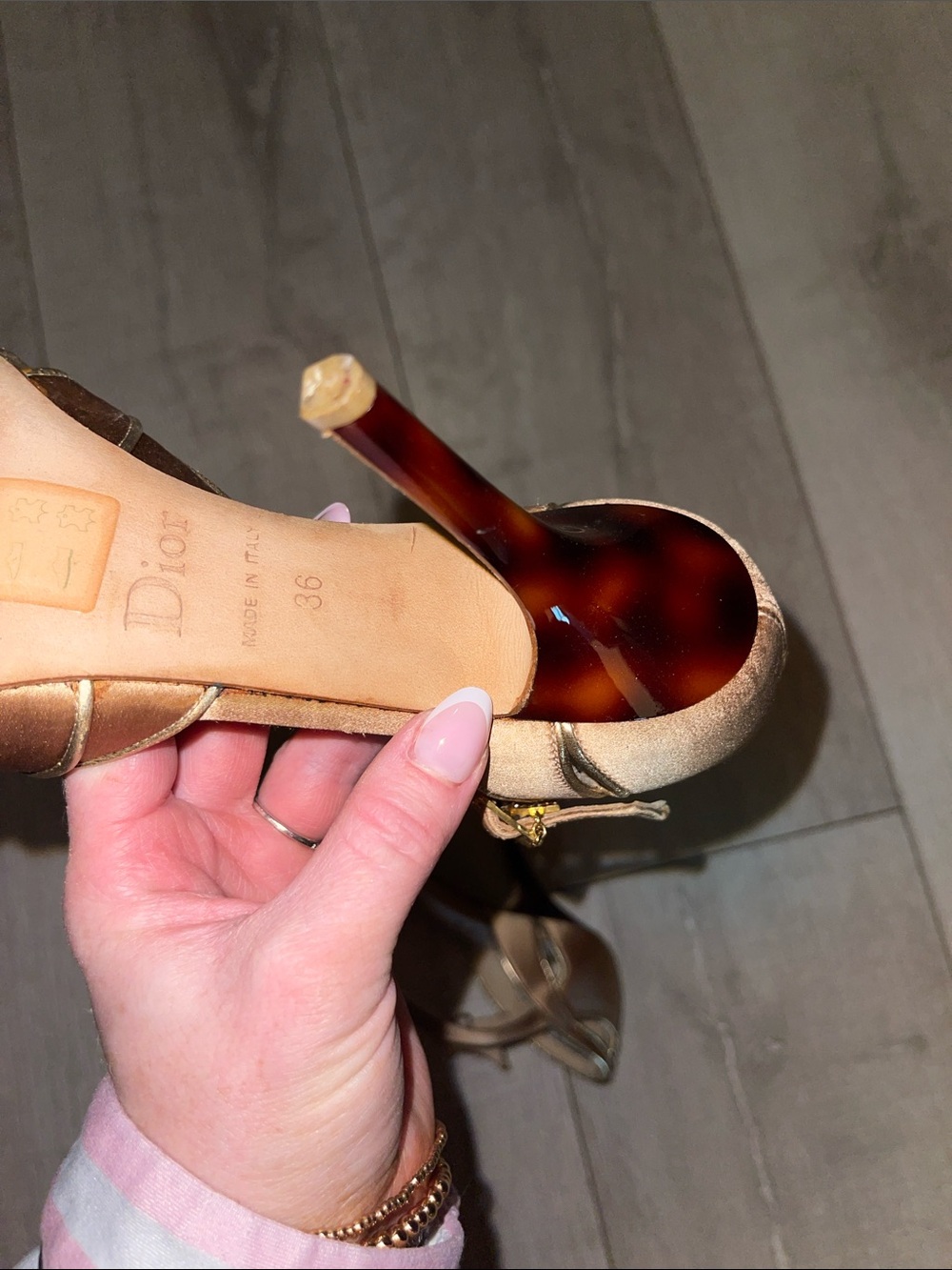 CHRISTIAN DIOR VTG Authentic Metallic Tan Dior Charm Strappy Heel Sandal - Picture 14 of 16